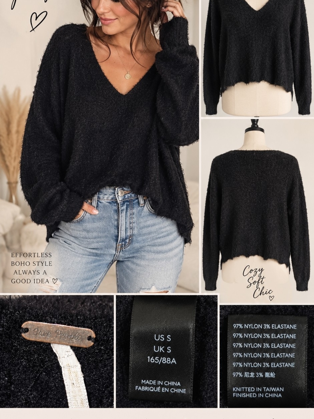 Free People Black V-Neck Cozy Knit Sweater